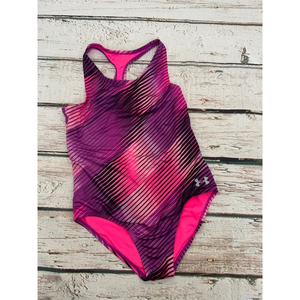 Under Armour Girls Pink Purple Striped One‎ Piece Swimsuit HeatGear Racerback 12